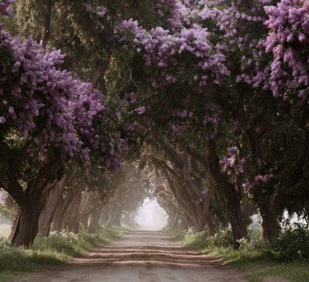 An overhead view reveals a road through a tunnel of blossoming trees. The image showcases purple flowers and lush green foliage. The composition suggests an outdoor environment, with natural light illuminating the pathway. It could be used for various projects such as travel brochures or nature articles.の素材