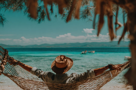 A person rests peacefully in a hammock, facing the turquoise ocean under a cloud-dotted sky. The composition highlights the individualの素材