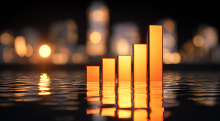 A close-up view presents a rising bar graph with a reflective surface. The bars are illuminated with a warm orange hue, contrasting against the dark water. The background is blurred with city lights, creating an atmosphere of urban context. This visual is suitable for commercial and editorial use.の素材
