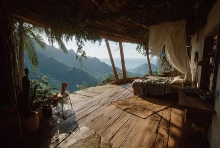 An open-air room with wooden floors and walls offers a breathtaking view of distant mountains and the sea. The image showcases natural textures with sunlight illuminating the interior space. The scene, with its soft colors, is suitable for travel, vacation or environment-themed articles and advertising materials.の素材