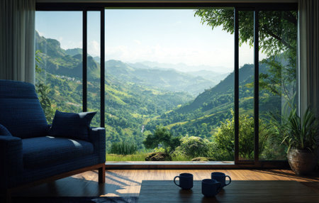 An interior space features a large window framing a scenic view of rolling hills and lush vegetation. The image displays natural lighting and a peaceful atmosphere. This visual could be utilized for various commercial purposes, including promoting real estate, travel, or wellness services, showcasing nature and design.の素材