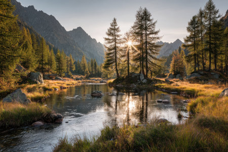 A tranquil river winds through a mountainous landscape, framed by tall trees and lush greenery. Sunlight filters through the foliage, creating a warm glow. The image features natural textures and a harmonious composition, suitable for illustrating environmental themes or natural beauty in various applications.の素材