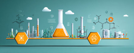 This illustration showcases various lab equipment including beakers, test tubes, and flasks with a chemical formula background. The image features bright colors, a flat design style, and an overall clean composition. This type of image could be used for educational materials, scientific publications, and commercial purposes.の素材