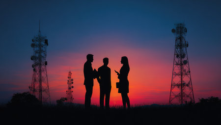 Three individuals are silhouetted against a vibrant sunset, engaged in conversation near tall communication towers. The image features a contrasting color palette with deep blues, oranges, and purples. It suggests a professional setting with implications for technology, networking, or infrastructure projects. Suitable for various commercial uses.の素材