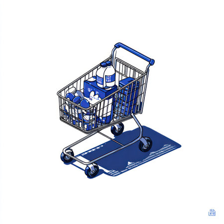 An illustration features a shopping cart filled with groceries. The artwork uses a blue and white color palette, with a detailed isometric perspective. The composition is clean and minimalist, set against a plain white backdrop. Suitable for various commercial and editorial applications, emphasizing consumerism and retail.の素材