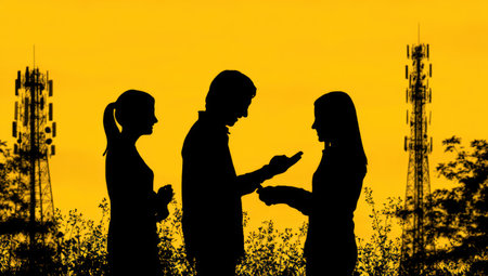 Three people are silhouetted against a golden-yellow sky, appearing to interact with mobile devices. The image showcases communication towers in the background, suggesting a setting related to technology or connectivity. The composition uses a high-contrast style with flat colors, suitable for illustrating concepts in digital media or marketing.の素材