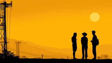 Three individuals stand in silhouette against a warm, orange sunset backdrop with a telecommunication tower. The composition showcases a high-contrast style, emphasizing the shapes of the people and the surrounding environment. The image may be suitable for editorial or commercial projects, providing visual context and copy space.の素材
