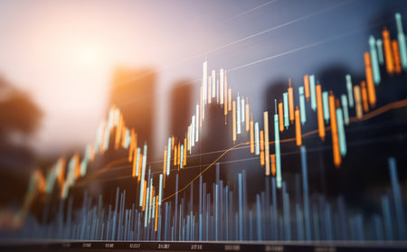 An illustration features a stock market graph, displaying financial data with bars and lines. The image employs shades of blue and orange, creating a high-contrast visual effect. The lighting suggests an outdoor environment with a blurred skyline in the background, making it suitable for business-related articles or presentations.の素材