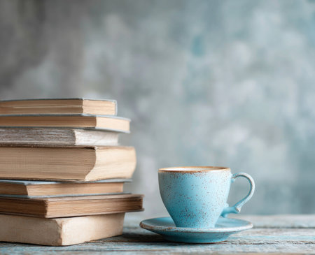 A stack of books sits next to a blue teacup on a saucer. The scene takes place on a wooden surface against a blurred backdrop. The composition features a neutral palette, with textures provided by the books and cup. This image could be suitable for editorial or commercial purposes.の素材