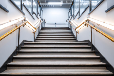 An indoor staircase ascends between two walls. The steps are painted with black and white stripes and feature wooden handrails. Overhead lighting illuminates the area. This image could be used in architectural, interior design, or lifestyle projects. The environment is clean and modern.の素材