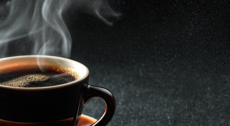 A close-up view displays a coffee cup with rising steam against a dark backdrop. The image features a shallow depth of field, highlighting the dark coffee liquid and swirling vapor. The overall lighting suggests a studio environment, suitable for advertising, marketing, and editorial purposes.の素材