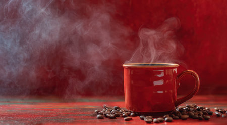 A close-up captures a red coffee cup emitting steam, set against a dark red backdrop. The image showcases the cup's texture and the steam's wispy form, with scattered coffee beans adding detail. The composition uses warm colors and soft lighting, suitable for a range of commercial applications like advertising.の素材