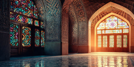 An interior shot features a large stained glass window casting colorful light within a building. The composition highlights architectural details including arches and decorative patterns. The scene suggests an indoor setting with potential for use in architectural projects, design concepts, or illustrating artistic themes.の素材