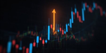 An image showcases a stock market graph with an upward trending arrow. The composition includes bars in red and blue against a dark background, with an orange arrow indicating growth. This visual metaphor is suitable for illustrating investment, finance, or business strategies in a commercial context.の素材