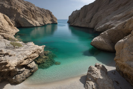 This scenic image showcases a tranquil cove with vibrant turquoise water framed by imposing rocky cliffs. The composition features a natural outdoor environment, likely taken during the day with soft lighting. This landscape could be used for various commercial projects and editorial content related to travel, nature, and scenic beauty.の素材