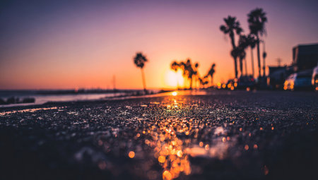 The image features a sunset with palm trees silhouetted against a gradient sky of orange and purple hues. The foreground reveals a wet road with reflective puddles. The composition uses a low-angle perspective. Suitable for travel, nature, or environmental themes, the image may serve diverse commercial applications.の素材