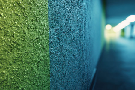 Close-up of a textured wall section features vivid green and blue hues. The rough surface displays distinct color blocks, with blurred elements in the background. The image, with its contrasting colors and textures, would be suitable for various commercial uses, including artistic backgrounds and design projects.の素材