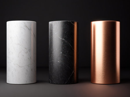 This image showcases three cylinders with distinct textures. One exhibits a white marble pattern, another a black marble design, and the third a smooth copper finish. The composition, lit with overhead light, is set against a dark background. It could be used for design, product presentation, or artistic applications.の素材