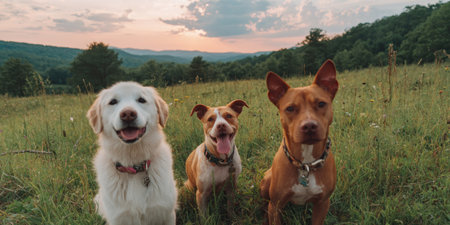 Three dogs of different breeds are positioned in a field with tall green grass under a soft evening light. The dogs are facing the camera and have different colored coats. The image evokes feelings of friendship. Suitable for illustrating animal themes or promoting pet-related products.の素材