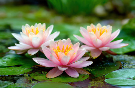 Three water lilies with soft pink petals and yellow centers rest gently upon broad green lily pads. The composition showcases natural lighting and rich textures, creating a sense of serenity. Suitable for diverse applications, this image could be utilized for editorial or commercial purposes.の素材