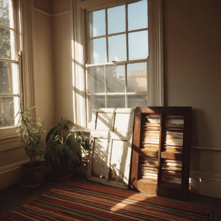 An indoor scene showcases window frames and potted plants set against a bright window. The composition features a wooden frame leaning against a wall and a striped rug. Warm sunlight creates highlights and shadows, casting a natural atmosphere, suitable for various editorial and commercial applications.の素材