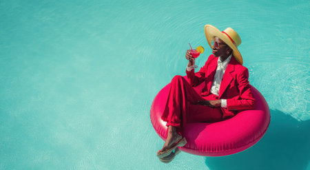 A person in a red suit and straw hat is seen relaxing in a pool while holding a beverage. The image features vibrant colors, with the person on a pink inflatable ring against turquoise water. The style evokes a sunny, leisure environment, suitable for various editorial and promotional purposes.の素材