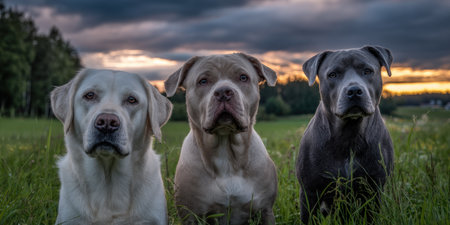 Three dogs are positioned in a grassy field, under an evening sky. The dogs display variations in coat color. The composition features an eye-level perspective, with diffused lighting. The image's color palette combines shades of green, brown, and gray, potentially suitable for various commercial or editorial applications.の素材