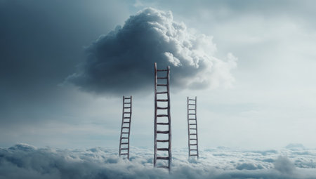 Three wooden ladders ascend into a cloudy sky, with a large cloud formation dominating the composition. The image displays a cool color palette with soft textures and volumetric lighting effects. It could be used for conceptual art, educational materials, or marketing imagery. The surreal setting evokes themes of aspiration and progression.の素材