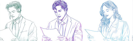 This illustration presents three people engrossed in reading documents. The image features a minimalist style with line art and a gradient color scheme, transitioning between green, purple, and blue hues. The composition suggests an indoor setting, with a focus on business-related themes. It is suitable for commercial uses.の素材