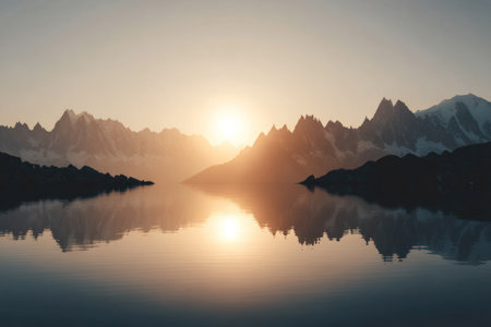 A serene landscape depicts a calm lake reflecting mountain silhouettes. The scene is bathed in warm sunlight, creating a golden glow. The composition features a natural, symmetrical arrangement. Suitable for use in various visual projects, including travel, environmental themes, and artistic endeavors.の素材