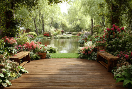 This image presents a serene garden setting with a wooden deck leading towards a pond. Lush greenery, including trees and vibrant flowers, surrounds the water. The composition showcases a balance of natural elements, with warm sunlight illuminating the scene. Suitable for various editorial and commercial applications.の素材