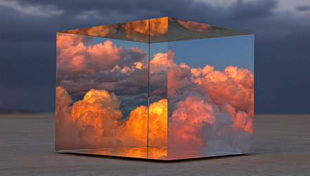 A translucent cube displays a striking cloud formation with warm orange and cool blue tones. The reflective surfaces capture the dramatic sky, contrasting with a textured, neutral surface. The image exhibits a contemporary digital art style, potentially suitable for abstract illustrations or conceptual design projects. This imagery could be employed in various commercial and editorial applications.の素材