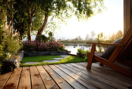 An outdoor scene showcases a wooden deck, a chair, and a vibrant garden with colorful flowers. Natural light bathes the scene, illuminating the greenery and reflecting on the water. This image could be used for various commercial projects related to relaxation, nature, or lifestyle.の素材