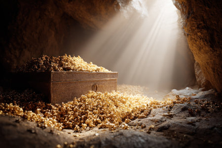 An open wooden chest overflows with golden nuggets within a dimly lit cave. Sunlight streams through an opening, illuminating the hoard and highlighting textures. The composition emphasizes the contrast between light and shadow. Potential uses include storytelling, illustrations, and thematic representations of wealth.の素材
