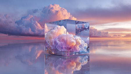 A transparent cube encases fluffy, pastel-colored clouds against a soft, gradient sky. The scene is mirrored on a reflective surface, enhancing the surreal atmosphere. The artwork showcases a blend of light and color, suitable for various creative projects and design concepts. It can be used for artistic or commercial purposes.の素材