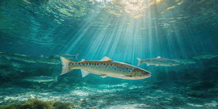 An underwater view features multiple fish swimming gracefully amidst clear water. The composition is bathed in sunlight, creating textured water and illuminated rays. The scene offers visual interest and can be used in various commercial applications, including educational content and decorative projects. The setting is a natural aquatic environment.の素材