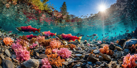 An underwater scene features brightly colored salmon swimming amidst vibrant pink and orange aquatic plants. The composition showcases a clear, sunlit environment with textured rocks and a natural aesthetic. This image may be suitable for illustrating topics related to marine life, ecosystems, or environmental conservation efforts, and for editorial or commercial purposes.の素材