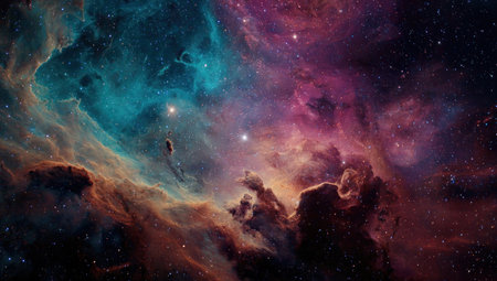 This image showcases a colorful depiction of a nebula with stars scattered throughout. The artwork displays swirling clouds of turquoise, purple, and orange hues. The style appears digital, with smooth textures and a dynamic composition. It could be used for educational materials, space-themed designs, or creative projects.の素材