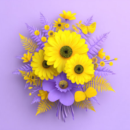 A close-up view presents a brightly colored floral composition. Large yellow sunflowers and smaller yellow blooms are interspersed with purple flowers and fern-like leaves. The overall style is clean and stylized, possibly digital art. This image could be used for design projects, or decorative purposes.の素材