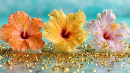 Three hibiscus flowers in shades of orange, yellow, and pink are presented against a blurred teal backdrop. The image features a shallow depth of field, highlighting the flowers with fine detail. Glittery golden particles add a touch of sparkle. Suitable for decorative purposes and design projects.の素材