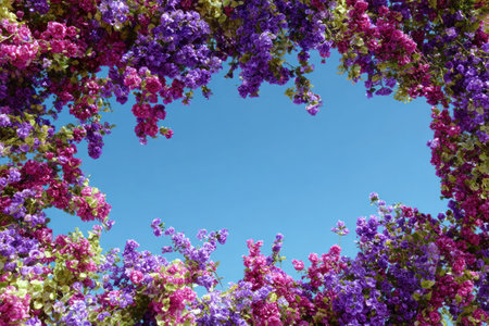 An overhead view reveals a vivid display of colorful flowers, predominantly purple and pink, framing an open area of clear blue sky. The image showcases a natural arrangement with varied textures and tones. It may be suitable for decorative designs, floral themes, or nature-inspired projects, appealing to creative applications.の素材