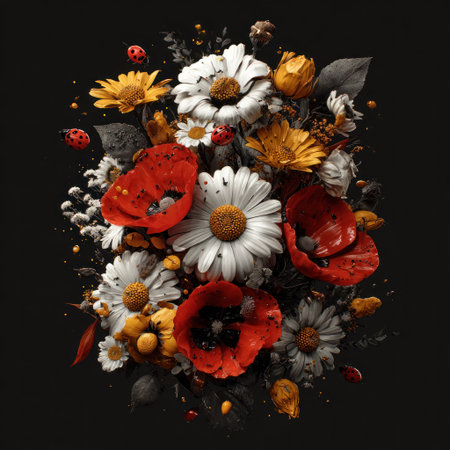 A close-up view displays a colorful bouquet with daisies, poppies, and ladybugs against a dark backdrop. The composition features a variety of textures, including soft petals and detailed insect forms. This artistic rendering could be suitable for various design applications, including print and digital projects.の素材