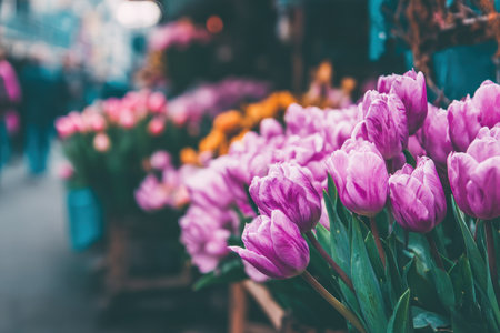 An array of pink tulips showcases a variety of shades and textures. The composition uses soft focus and natural lighting to highlight the flowers. This image suggests a market or flower shop setting. It can be used for various commercial purposes, including advertising and editorial content.の素材