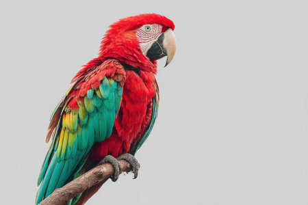 A close-up view presents a scarlet macaw with vivid red, teal, and yellow plumage. The bird perches on a weathered branch against a neutral backdrop. The composition highlights the macaw's intricate feather details and sharp beak. Ideal for various commercial uses, including advertising and educational material.の素材