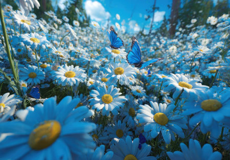 A profusion of white daisies flourishes, forming a dense floral carpet. Vivid blue butterflies flit amongst the blooms, contrasting with the flowers. The scene is bathed in natural light, suggesting an outdoor environment. This image is suitable for a variety of creative and commercial uses.の素材