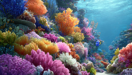 A vivid underwater scene depicts a thriving coral reef. The image showcases various coral formations in shades of pink, orange, blue, and green. The lighting suggests a bright, sunlit environment. This image could be suitable for illustrations, educational material, or designs related to marine life and ecosystems.の素材