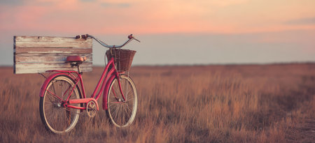 A classic red bicycle with a wooden sign is positioned in a golden field. The image is bathed in warm, soft light from a setting sun, creating a vintage or nostalgic atmosphere. The composition emphasizes the bike as a central element, suitable for various commercial uses, including travel or lifestyle themes.の素材