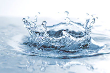 A close-up captures a water crown splash. The clear liquid creates dynamic forms against a white backdrop. The composition highlights the detail of the splash, showcasing the water's texture and movement. This image is suitable for various commercial purposes, including advertising and editorial content.の素材