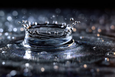 A water droplet forms a crown shape upon impact, captured in a macro shot. The image showcases the droplet's form and surrounding splashes against a dark background, employing shallow depth of field. This visual can be utilized for various commercial purposes, including advertising and editorial content.の素材