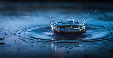 A close-up shot captures a water droplet impact, forming a crown-shaped splash on a water surface. The image showcases a play of light, shadows, and textures with shades of blue. This photograph could be used for various commercial projects and editorial content.の素材
